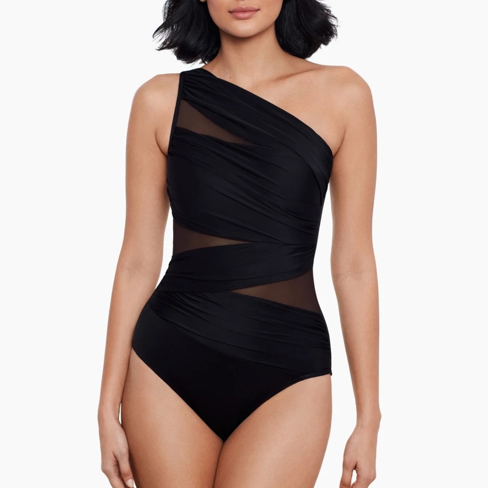 Miraclesuit Black Mesh One-Shoulder Swimsuit